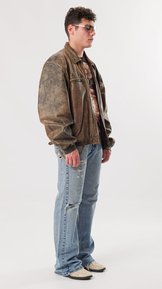 1990s BROWN WASHED LEATHER JACKET (L)