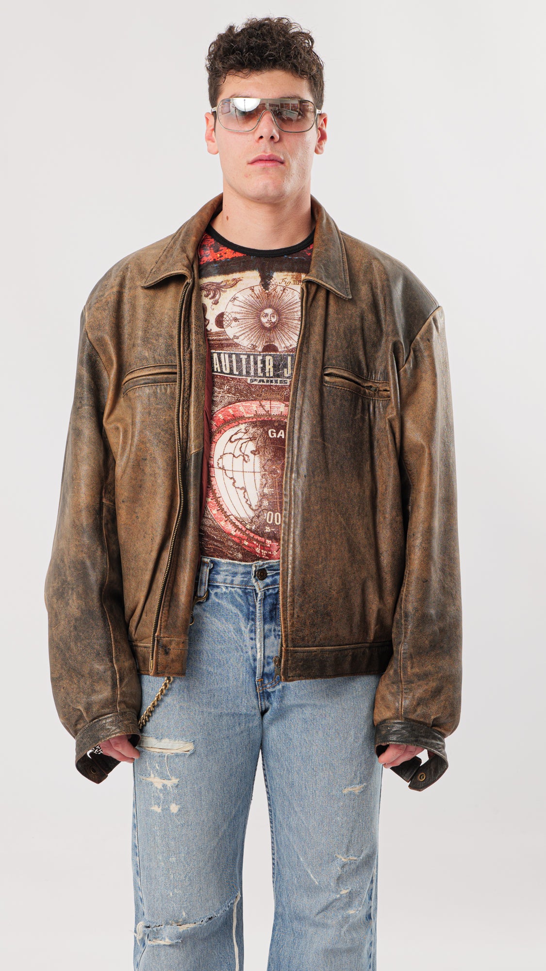 1990s BROWN WASHED LEATHER JACKET (L)