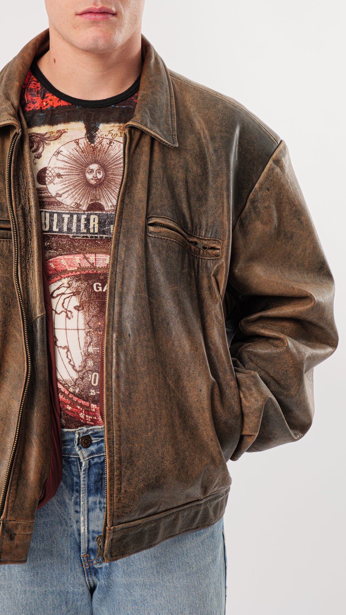 1990s BROWN WASHED LEATHER JACKET (L)